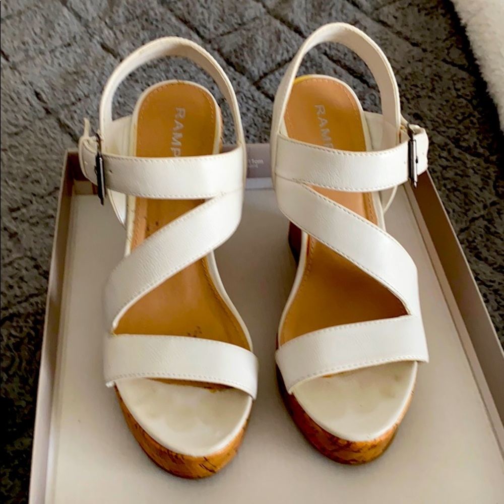 White Leather Strap Wedges